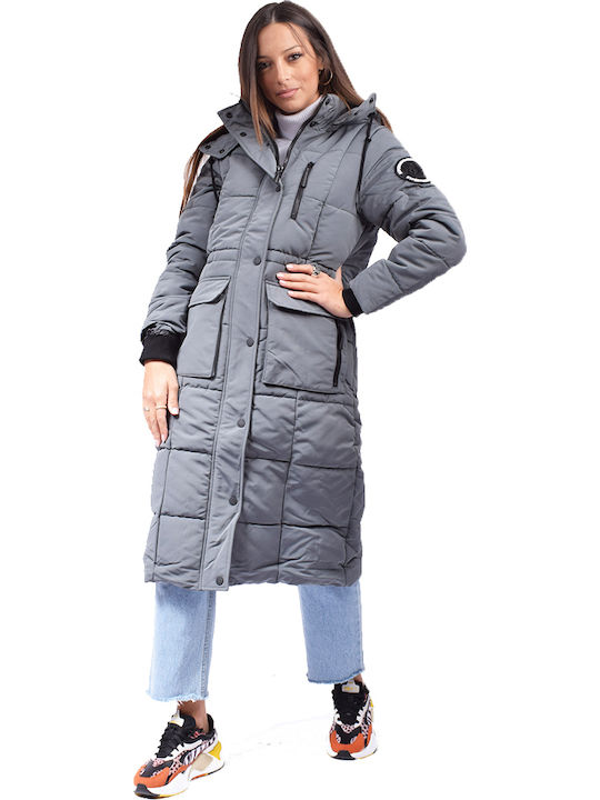 Superdry Longline Everest Women's Long Puffer Jacket for Winter with Hood Gray