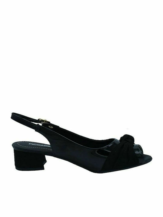Piccadilly Anatomic Patent Leather Peep Toe Black Low Heels with Strap