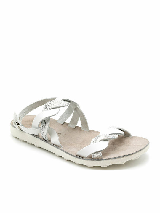 Coni Leather Women's Flat Sandals Anatomic in White Color