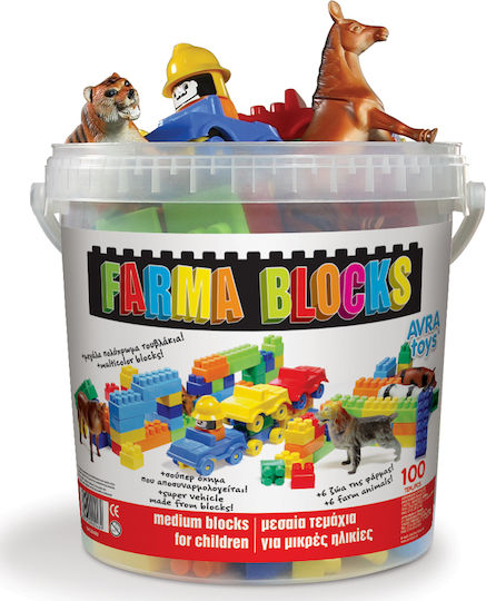 Avra Toys Building Blocks Set with Vehicle & Farm Animals for Ages 2+ 100 Pieces