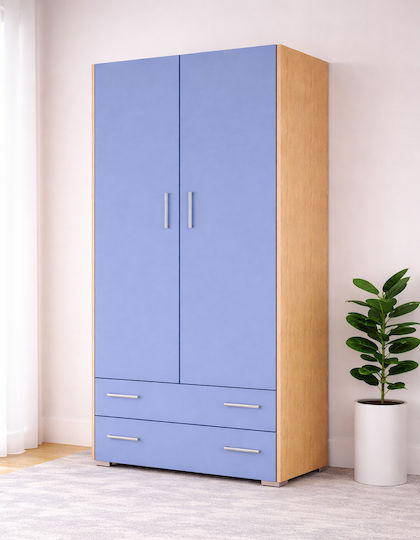 2 Zwei Türen Kinderkleiderschrank mit 2 Schubladen Eiche-Blau 105x50x180cm
