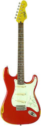 Vintage V6 Icon Electric Guitar With Shape Stratocaster and SSS Pickups Layout Distressed Firenza Red
