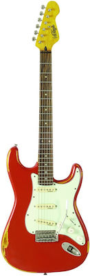 Vintage V6 Icon Electric Guitar With Shape Stratocaster and SSS Pickups Layout Distressed Firenza Red