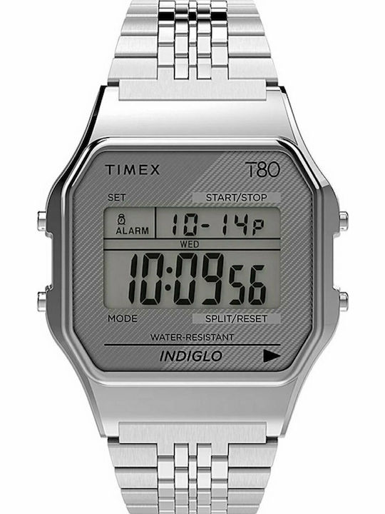 Timex T80 Digital Men's Watch 34mm Chronograph Battery with Silver Metal Bracelet
