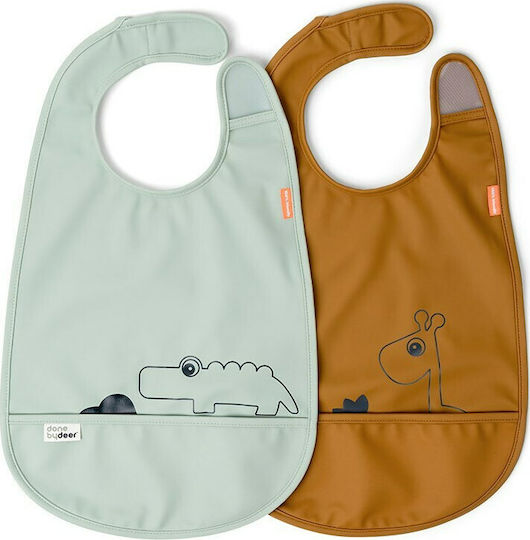 Done by Deer Deer Friends Waterproof Bib Plastic with Hoop & Loop Fastener & Pocket Mustard/Green 2pcs