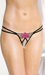 Softline G-String Black with Pink Flower 2448
