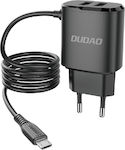 Dudao Φορτιστής με Ενσωματωμένο Καλώδιο με 2 Θύρες USB-A micro USB 12W Μαύρος (A2ProM)