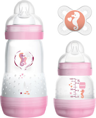 Mam Set aus Plastikflaschen Easy Start Anti-Colic Starter Set Gegen Koliken mit Silikonsauger für 0+, 0+ m, Monate Pink Hippocampus 260ml 3Stück