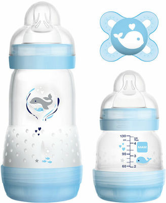 Mam Set aus Plastikflaschen Easy Start Anti-Colic Starter Set Gegen Koliken mit Silikonsauger für 0+, 0+ m, Monate Blue Walfisch 260ml 3Stück