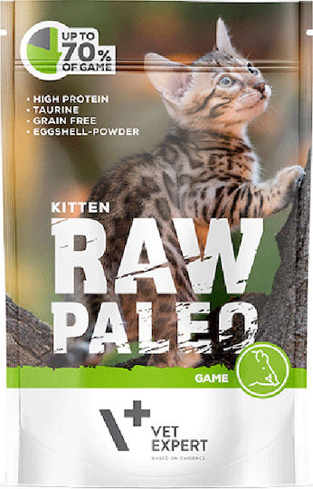 VetExpert Raw Paleo Kitten Game Wet Food for Young Cats in Pouches with Turkey and Bushmeat Grain-Free & Gluten-Free 100gr