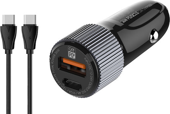 Ldnio C510QT Handy-Autoladegerät 38W 1.5A Schnellladen mit Anschlüssen: 1xUSB 1xType-C zusammen mit Kabeltyp Type-C Farbe Schwarz