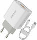 WK Φορτιστής με Θύρα USB-A και Καλώδιο micro USB 18W Quick Charge 3.0 Λευκός (WP-U57)