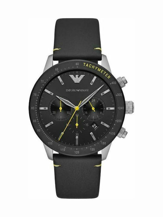 Emporio Armani Mario Ανδρικό Ρολόι 44mm Χρονογράφος Μπαταρίας με Μαύρο Δερμάτινο Λουράκι
