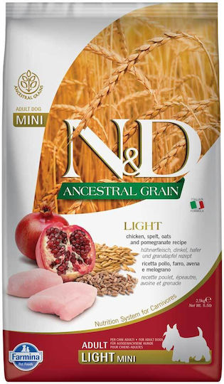Farmina N&D Ancestral Grain Light Mini 2.5kg Ξηρά Τροφή με Λίγα Σιτηρά για Ενήλικους Στειρωμένους Σκύλους Μικρόσωμων Φυλών με Κοτόπουλο και Ρόδι