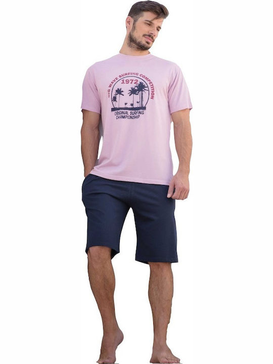 Men's Cotton Pajamas with monochrome blue shorts and lilac print T-shirt, Harmony 82310