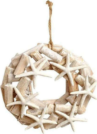 JK Home Decoration Decorațiune Suspendată De Vară Coroană Cu Stele De Mare Ecru Din Lemn 26x26cm