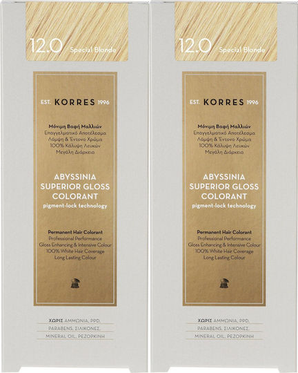 Korres Abyssinia Superior Gloss Colorant Βαφή Μαλλιών Χωρίς Αμμωνία 12.0 Special Blonde 2x50ml