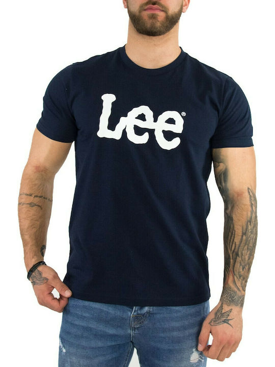 Lee Wobbly Logo Ανδρικό T-shirt Navy Μπλε με Λογότυπο