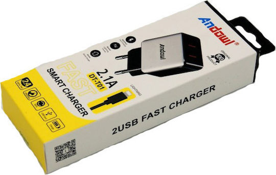 Andowl Φορτιστής με 2 Θύρες USB-A και Καλώδιο Lightning Λευκός (DT-T01)