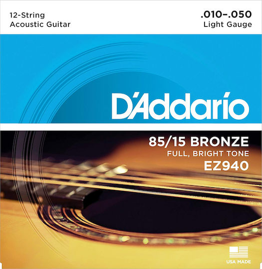 Daddario Set of Bronze Strings for Acoustic Guitar 85/15 12-String Light 10 - 50"