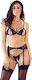 Cottelli Collection 3-Piece Garter Set with Open Cup & Open Crotch Black