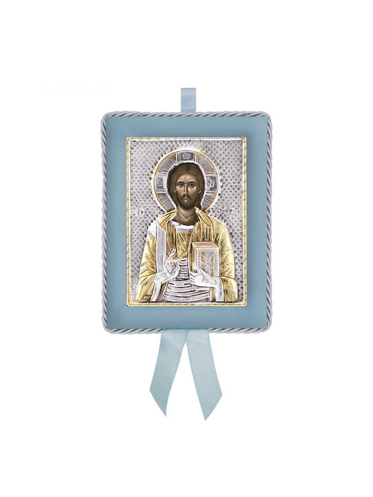 Icoană argintie pentru băiatul nou-născut Hristos Pantocrator 14,5x11,5cm (cu placare cu aur local)