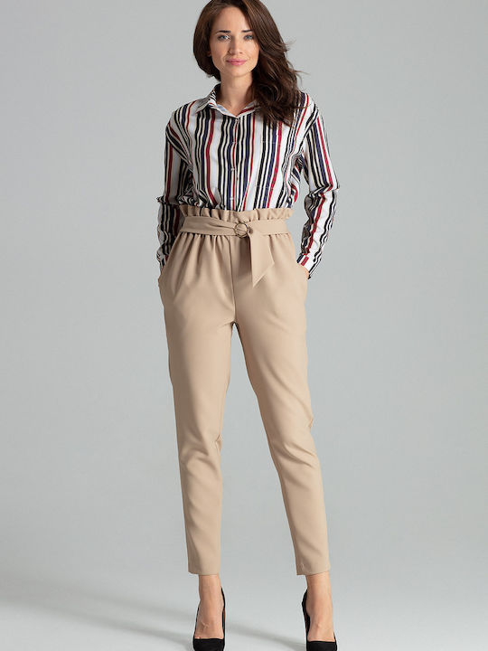 Lenitif L056 Women's High-waisted Fabric Trousers in Tapered Line Beige