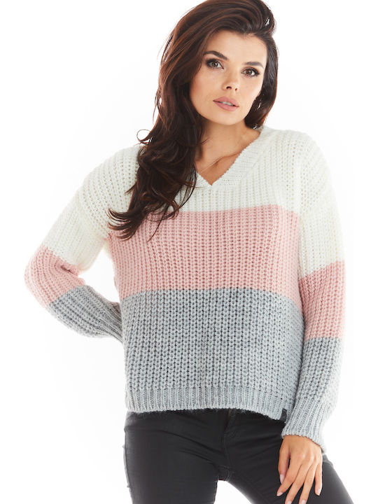 Awama Damen Langarm Pullover mit V-Ausschnitt Gestreift Grey/Pink