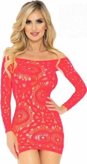 Leg Avenue Crochet Lace Long Sleeve Mini Dress Neon Sexy Φόρεμα Coral
