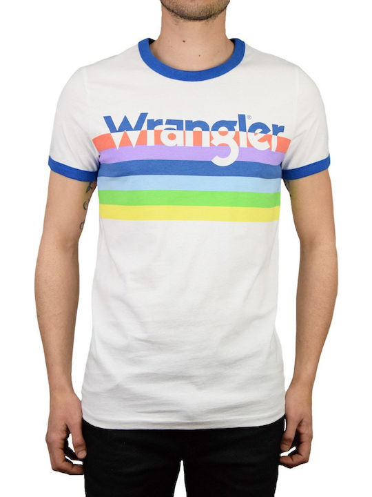 Wrangler Ringer Rainbow T-shirt Bărbătesc cu Mânecă Scurtă Alb