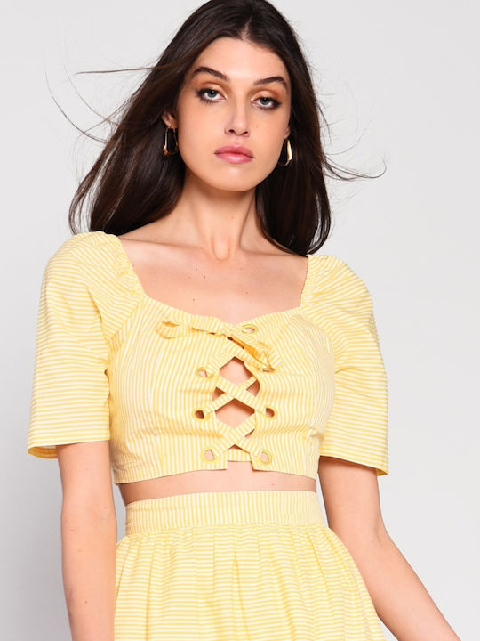 Glamorous Summer Women's Cotton Blouse Short Sleeve Yellow