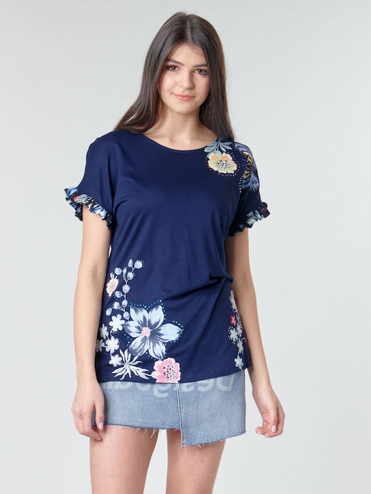 Desigual Munich Damen T-shirt Blumen Marineblau