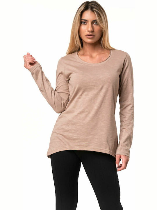Bodymove Damen Bluse Baumwolle Langärmelig Beige