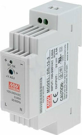 Mean Well DR15-5 DIN Rail Power Supply 2.4A/5V/12W