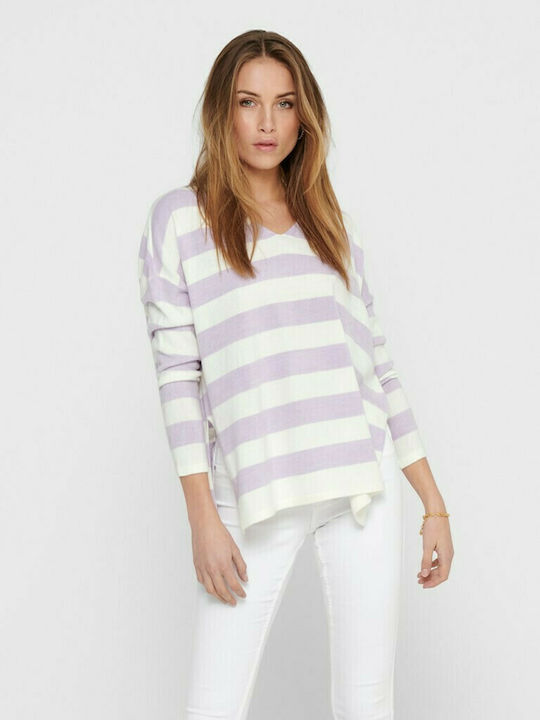 Only Damen Bluse Langärmelig mit V-Ausschnitt Gestreift Orchid Bloom Striped