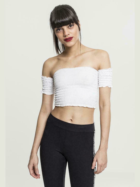 Urban Classics TB2223 Top de Damă de Vară Crop Bluză cu umerii goi cu Mânecă Scurtă Alb