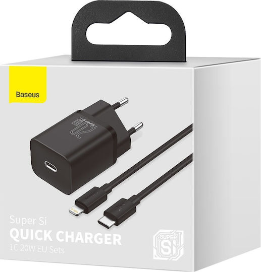 Baseus Charger with USB-C Port and Cable USB-C - Lightning 20W Power Delivery Blacks (Super Si)