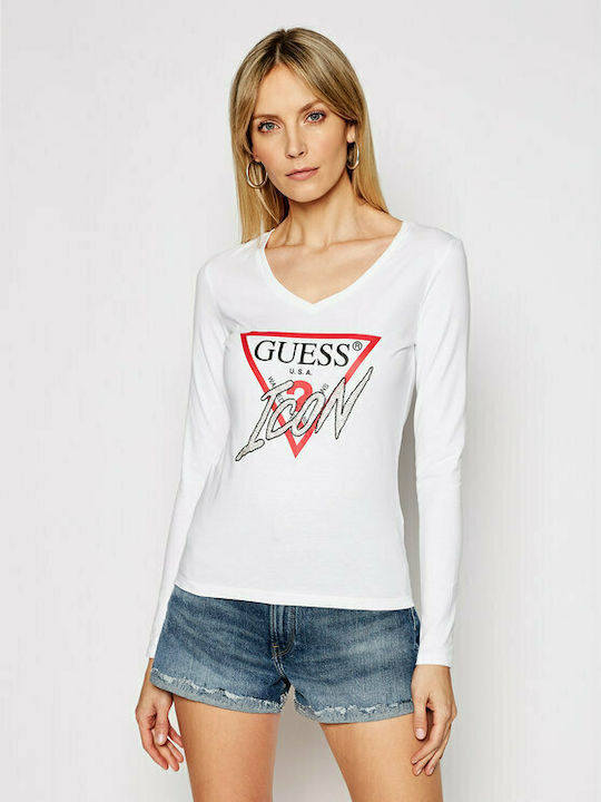 Guess Women's Blouse Cotton Long Sleeve with V Neck White