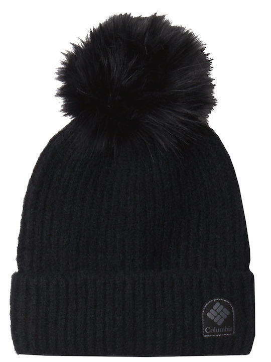 Winter Blur Pom Pom Beanie Unisex Σκούφος με Rib Πλέξη σε Μαύρο χρώμα