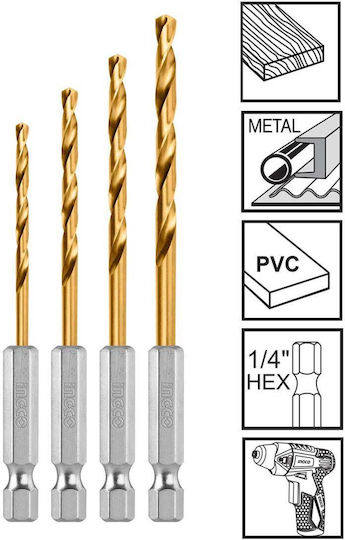 Ingco Set of 4 Drills HSS with Hexagonal Shank for Metal και Wood