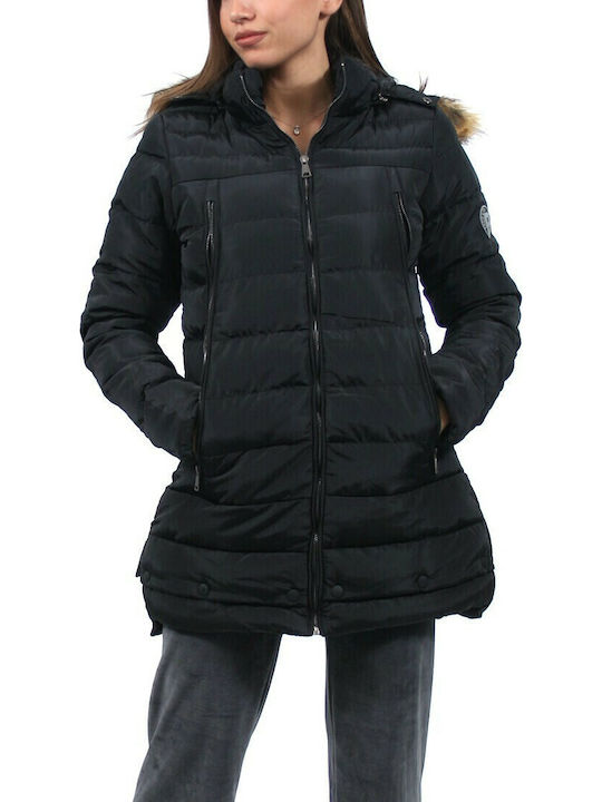 90001 Lang Damen Puffer Jacke mit pelziger Kapuze für Winter Schwarz
