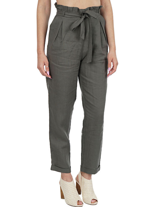 Moutaki Women's High-waisted Linen Trousers Khaki