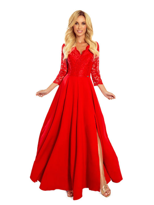 Numoco Maxi Φόρεμα για Γάμο / Βάπτιση με Δαντέλα Κόκκινο