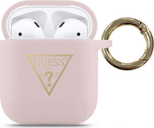 Guess Triangle Logo Case Silicone with Hook in Pink color for Apple AirPods 1 / AirPods 2