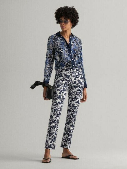 Farla Damen Stoff Hose in Schlanker Passform Blumen Marineblau