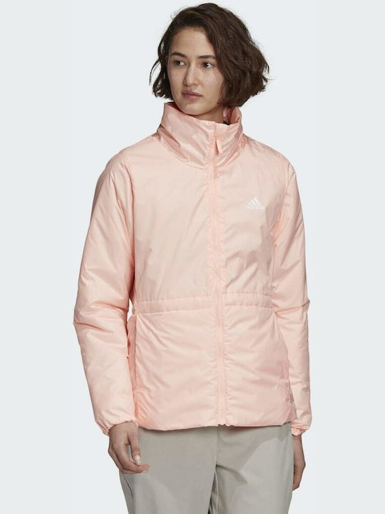 Adidas 3 Stripes Κοντό Γυναικείο Puffer Μπουφάν Αντιανεμικό για Χειμώνα Ροζ