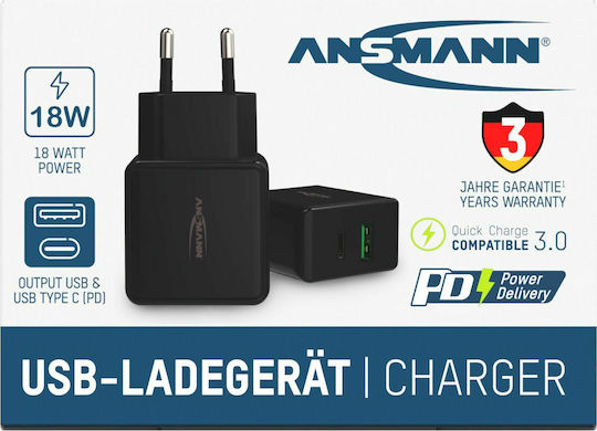 Ansmann Charger Without Cable with USB-A Port and USB-C Port Blacks (HC218PD)