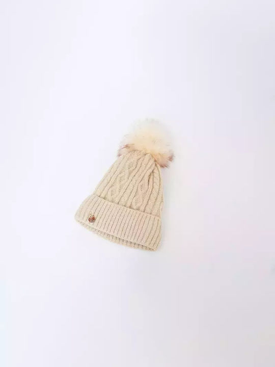 Fragola CP-03 Pom Pom Beanie Frauen Beanie mit Strickmuster in Beige Farbe CP03