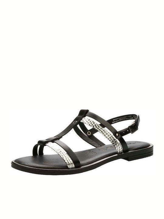 Leather Women's Flat Sandals with Strap in Black Color
