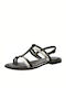 Leather Women's Flat Sandals with Strap in Black Color